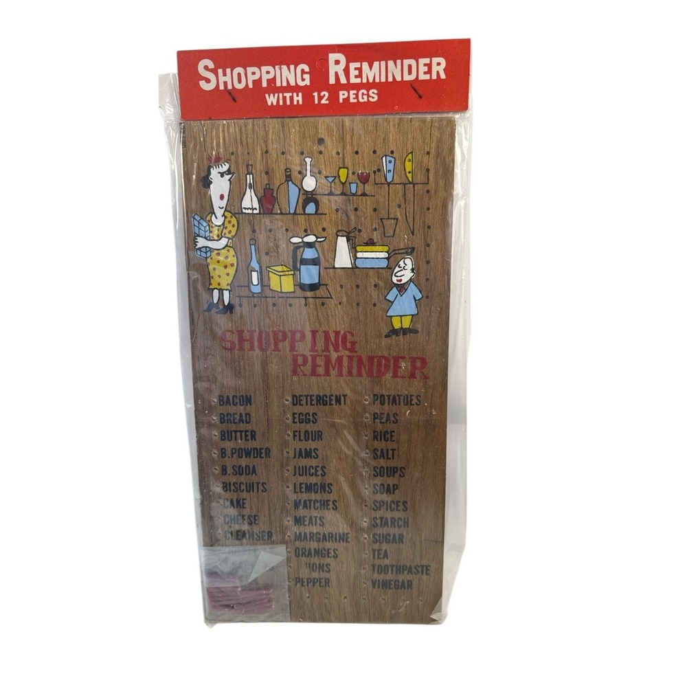 Vintage Wooden Shopping Reminder Board Purple Pegs NOS Mid-Century Kitchen Dec